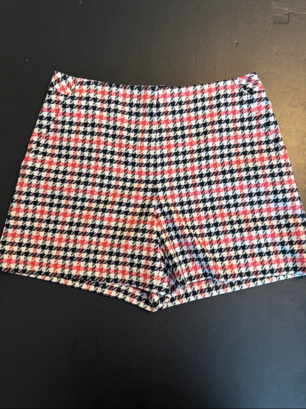 Trina Turk Black, White & Red Houndstooth High-Waist Shorts